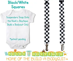 Black and White Check Noah's Boytique Bodysuit Suspenders - Snap On - Suspender Outfit - Baby - Newborn - Interchangeable - Racecar