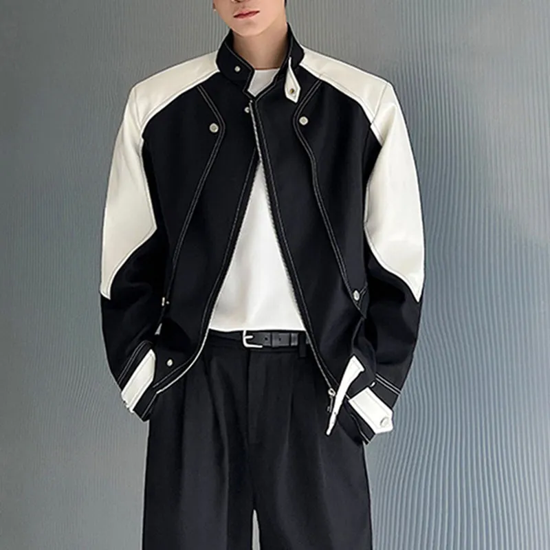 Black and White Contrast Structured Stand Collar Cropped Jacket