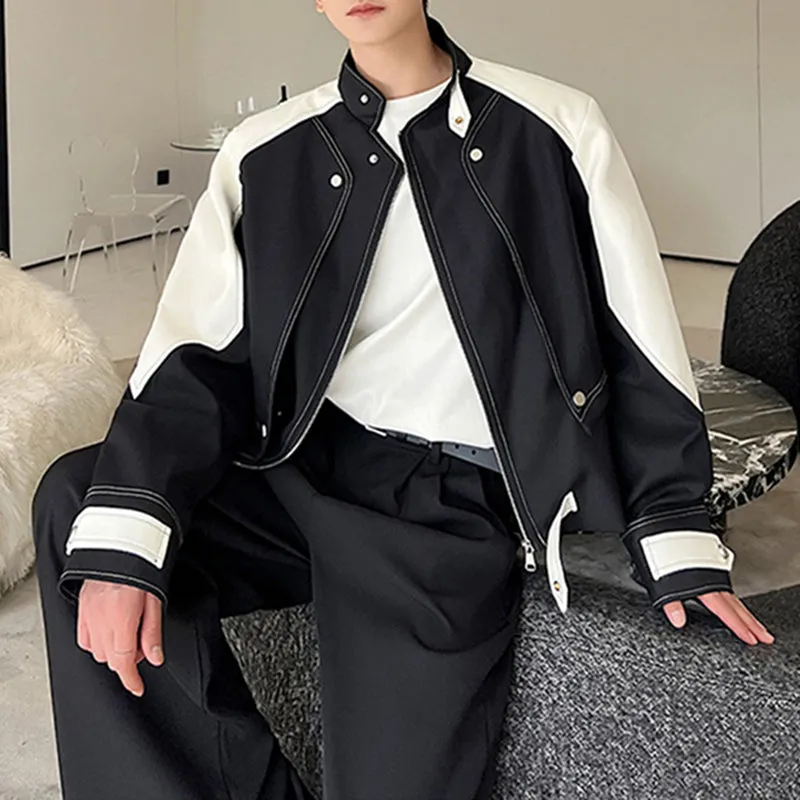 Black and White Contrast Structured Stand Collar Cropped Jacket