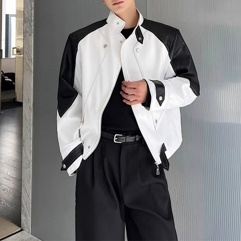 Black and White Contrast Structured Stand Collar Cropped Jacket