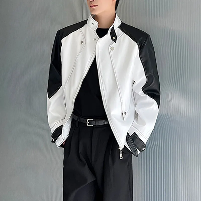 Black and White Contrast Structured Stand Collar Cropped Jacket