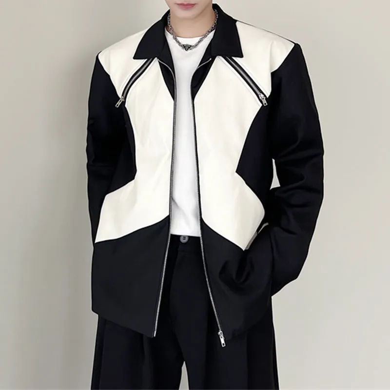 Black and White Leather Zip Up Jacket