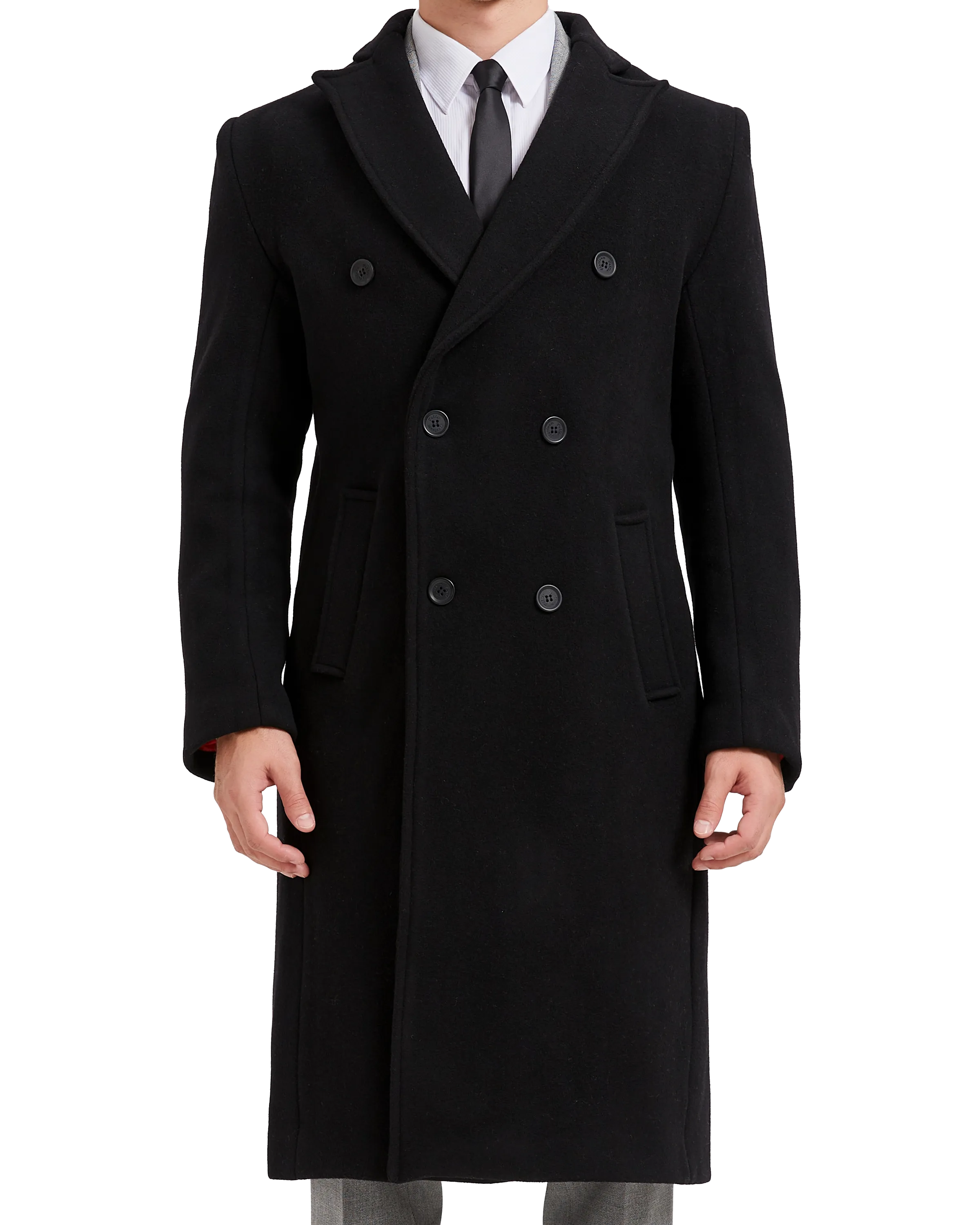 Black Double Breasted Wool Cashmere Long Overcoat Red Lining