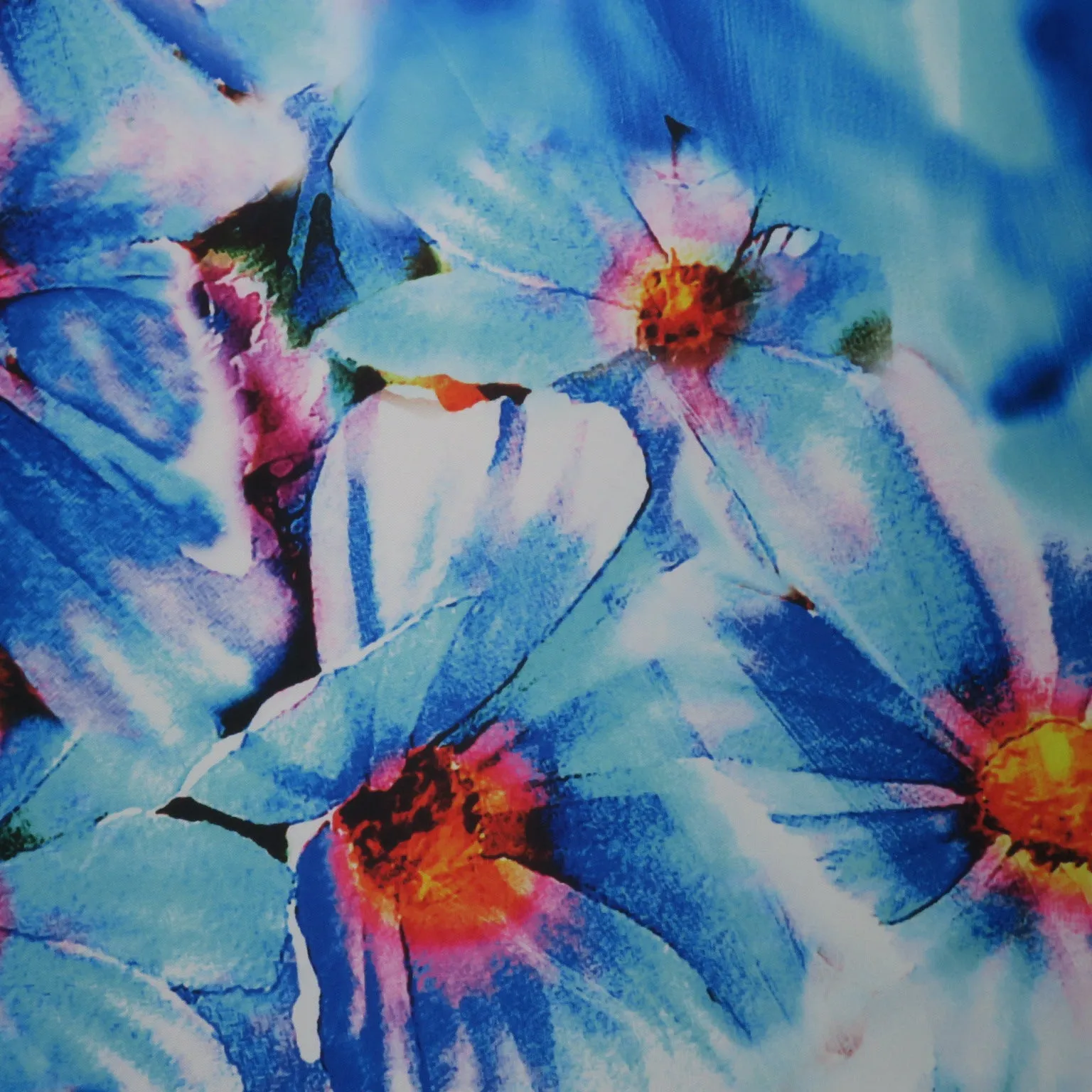 Blue and Orange Floral on Blue Background Printed Polyester Mikado Fabric