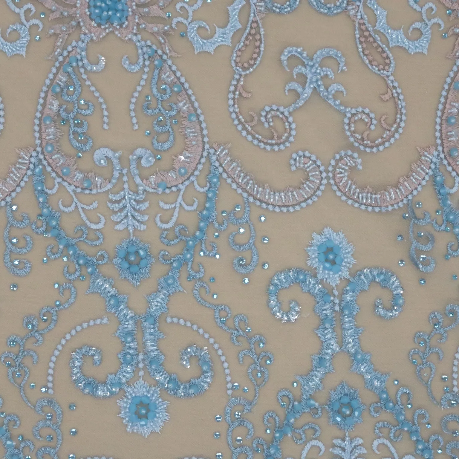 Blue Tulle with Blue and Champagne Abstract Design with Bugle Beads and Rhinestones Embroidered Fabric