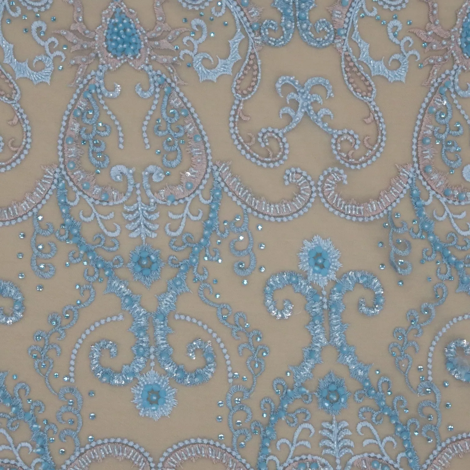 Blue Tulle with Blue and Champagne Abstract Design with Bugle Beads and Rhinestones Embroidered Fabric