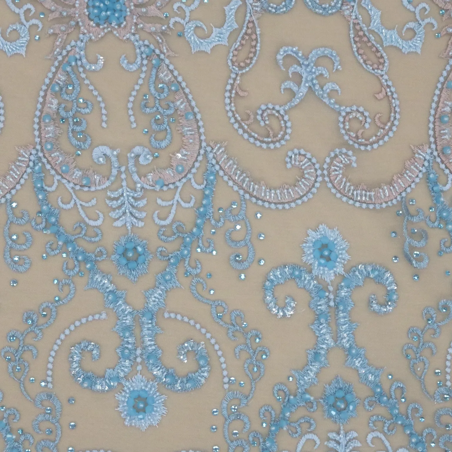 Blue Tulle with Blue and Champagne Abstract Design with Bugle Beads and Rhinestones Embroidered Fabric