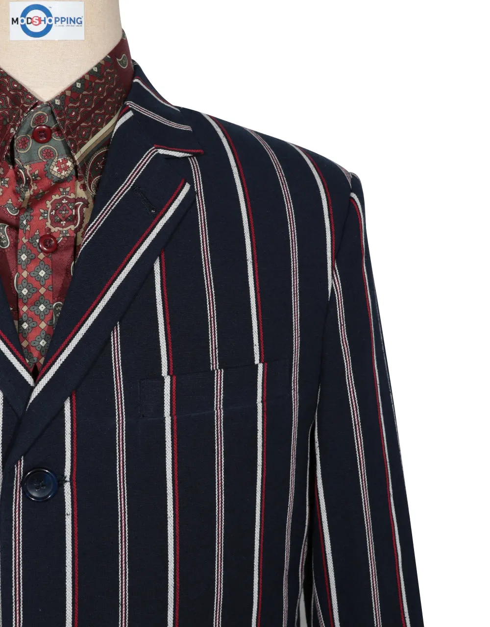 Boating Blazer - Dark Navy Blue and Red Striped Blazer