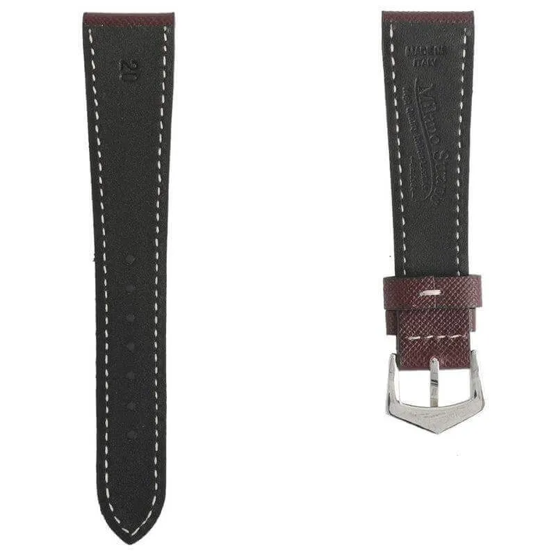 Burgundy Saffiano Leather White Stitches Watch Strap