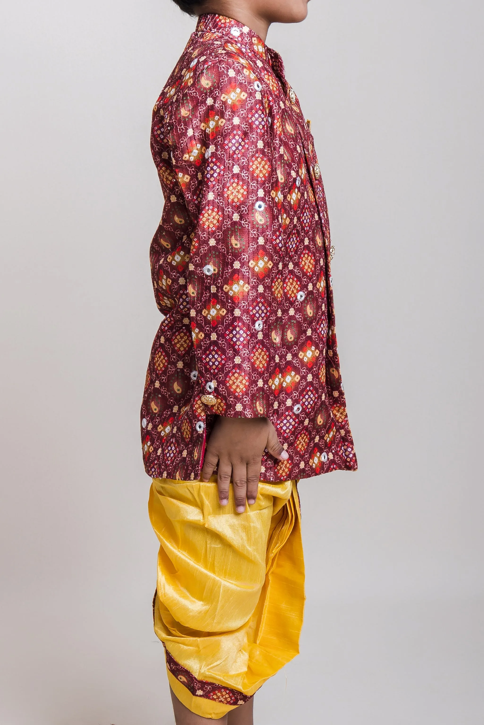 Bustling Brown Printed Cotton Kurta With Golden Dhoti For Little Boys