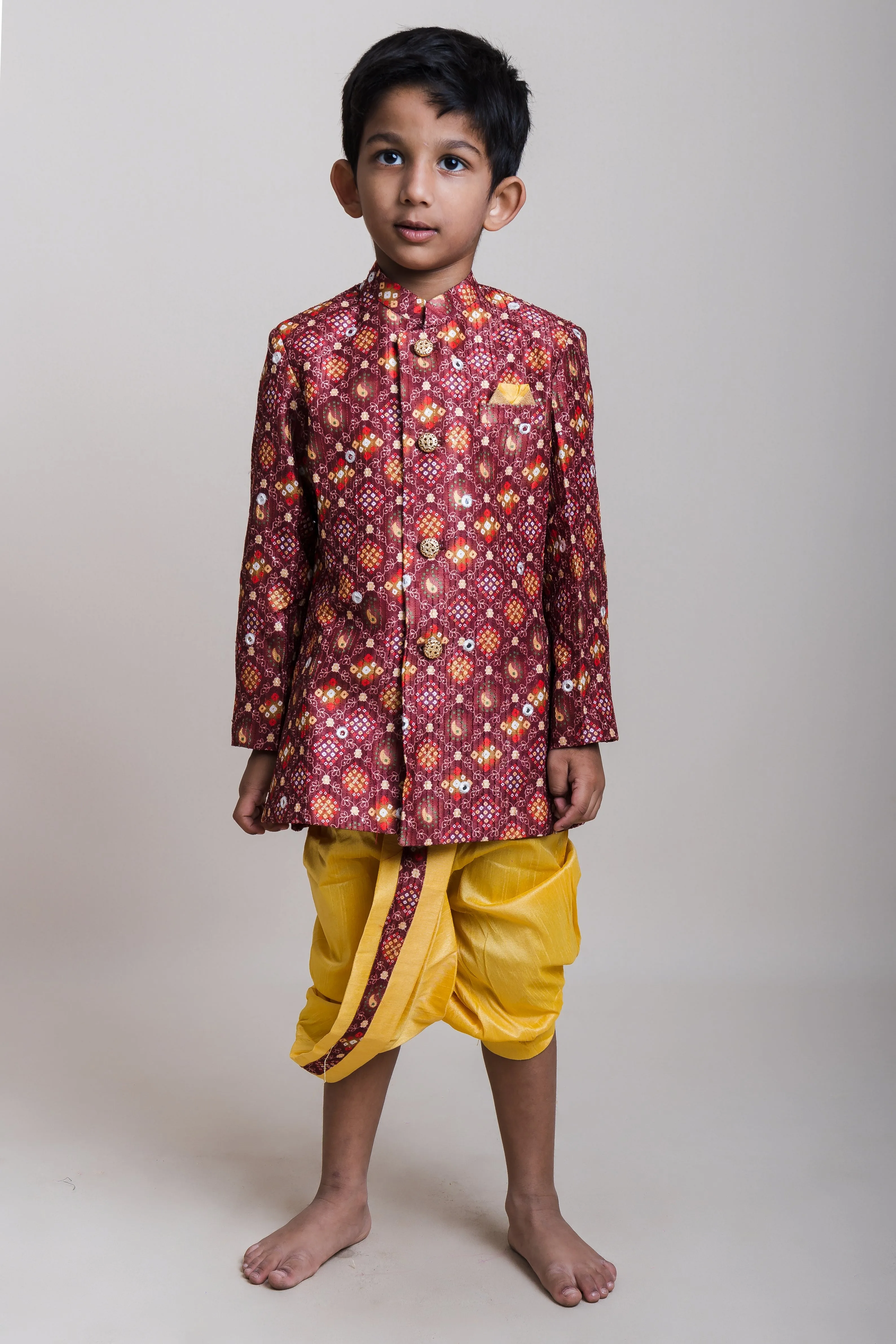 Bustling Brown Printed Cotton Kurta With Golden Dhoti For Little Boys