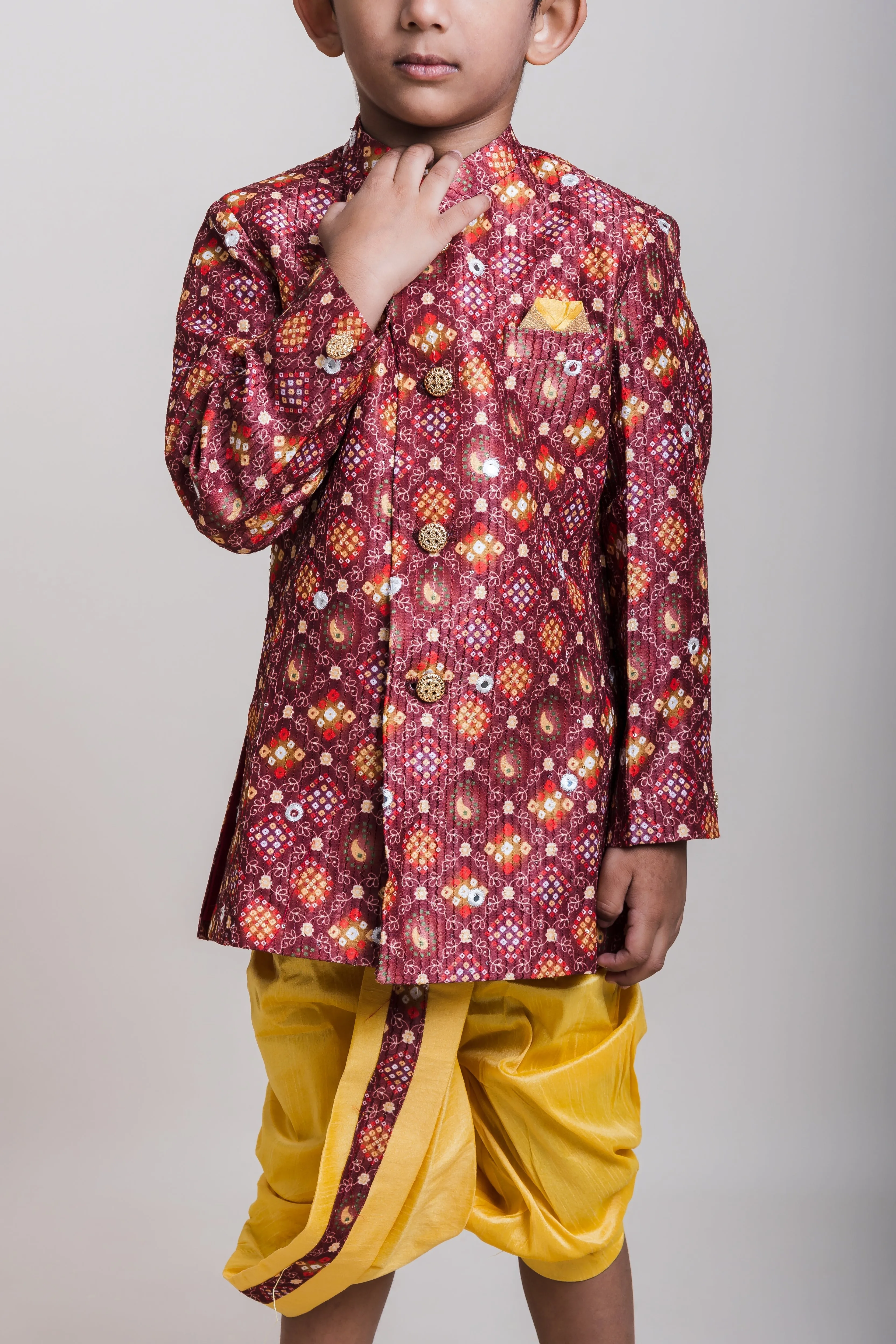 Bustling Brown Printed Cotton Kurta With Golden Dhoti For Little Boys