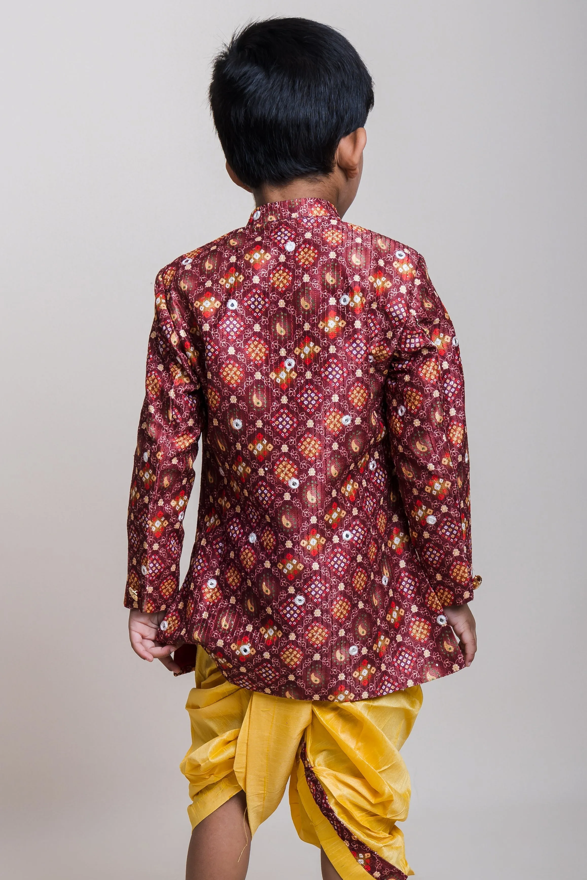 Bustling Brown Printed Cotton Kurta With Golden Dhoti For Little Boys