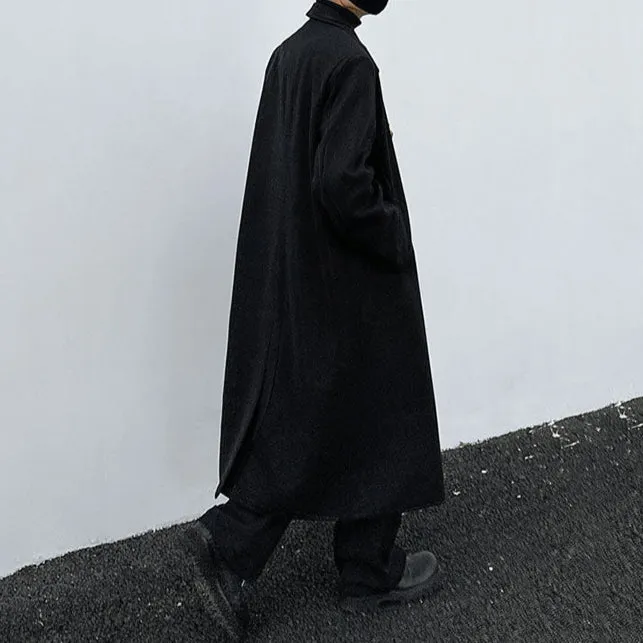 Buttonless Padded Shoulder Mid-length Wool Coat