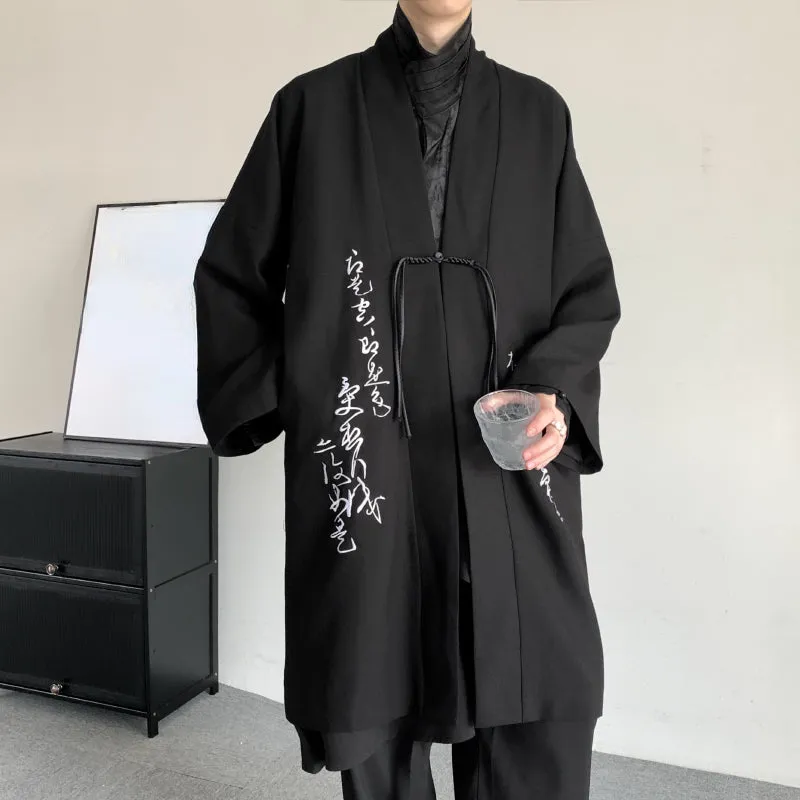 Calligraphy Embroidered Windbreaker Long Cardigan