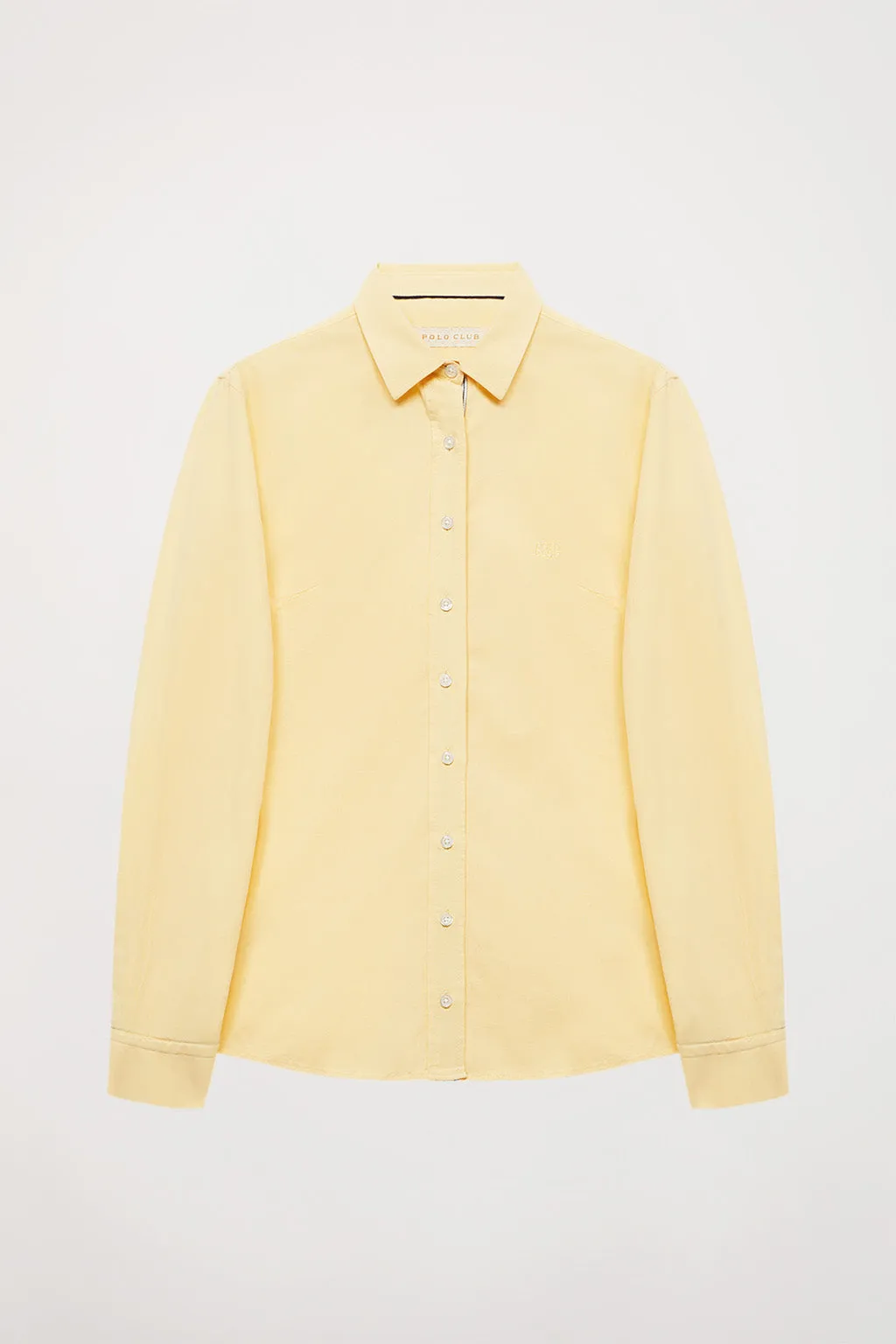 Camisa amarillo suave de algodón lavada con detalle bordado en el pecho