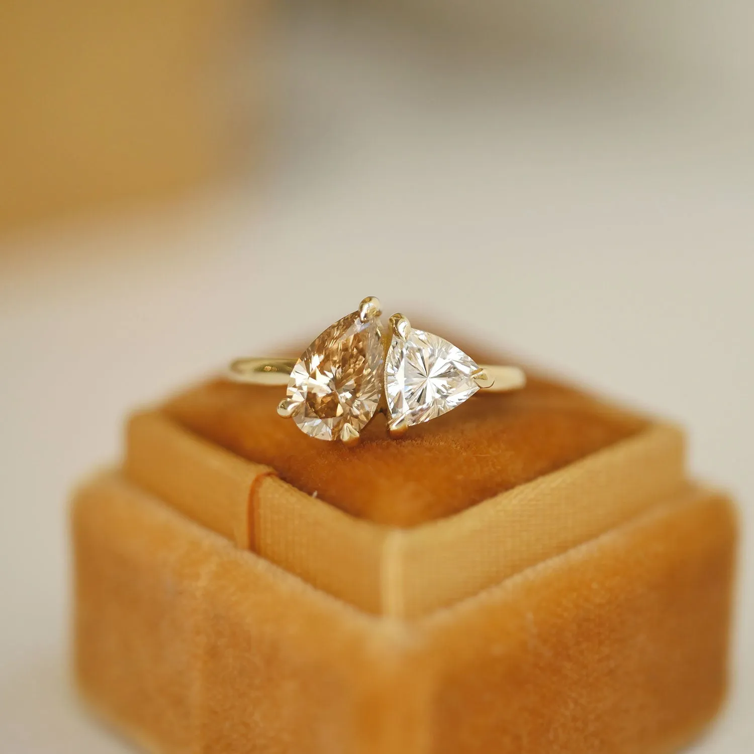 Champagne Pear & Trillion Diamond Toi et Moi Ring