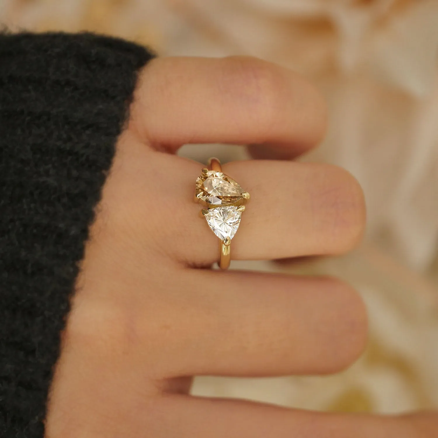 Champagne Pear & Trillion Diamond Toi et Moi Ring