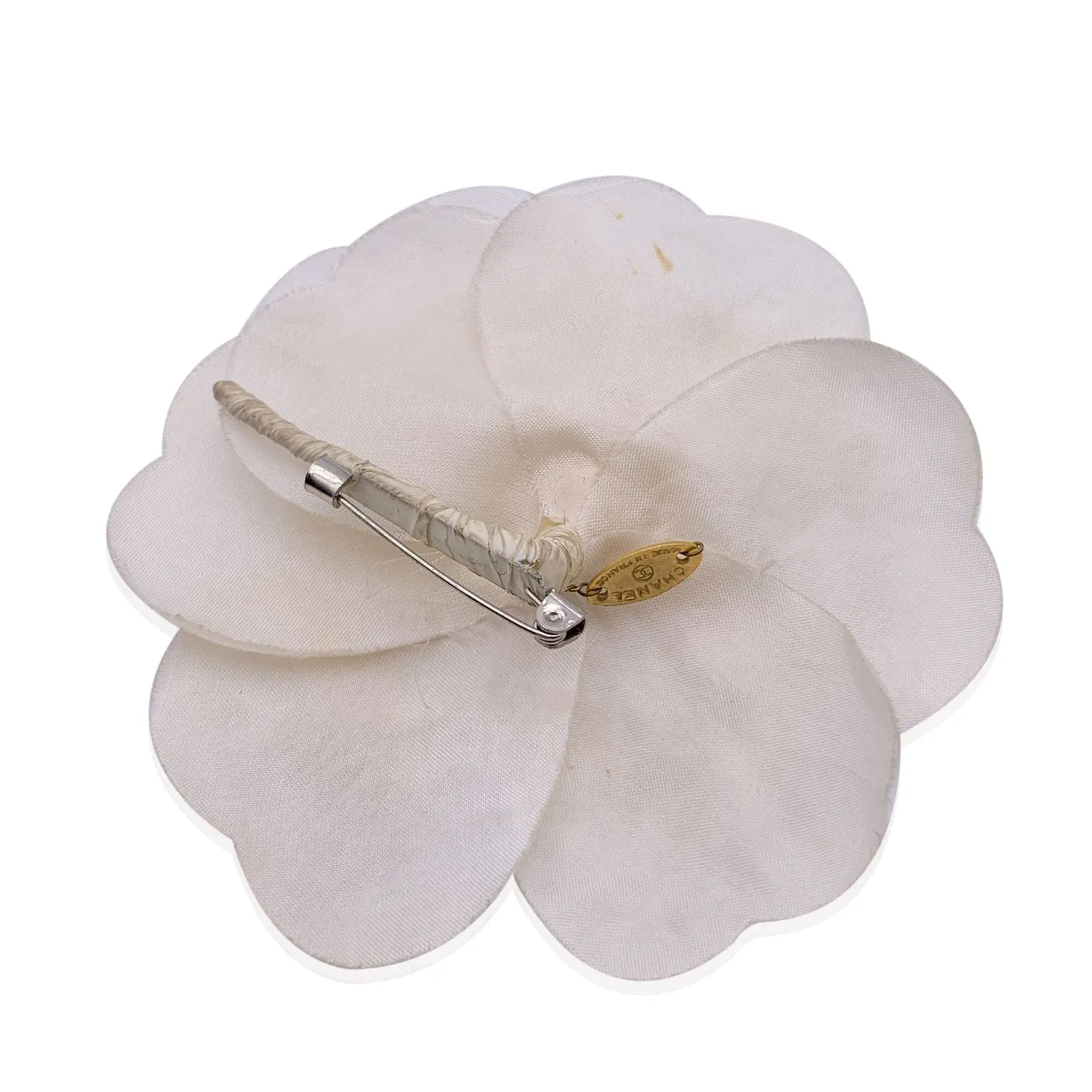 Chanel Vintage White Silk Pin Brooch Camellia Flower Camelia