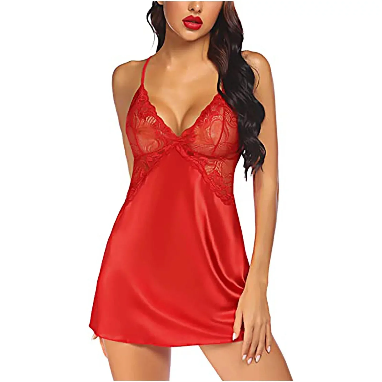 Chiccall Satin Lingerie for Women Sexy Deep V Neck Nightgown Sexy Silk Nighty Lace Babydoll Chemise Valentines Day Gifts for Her Women Clearance