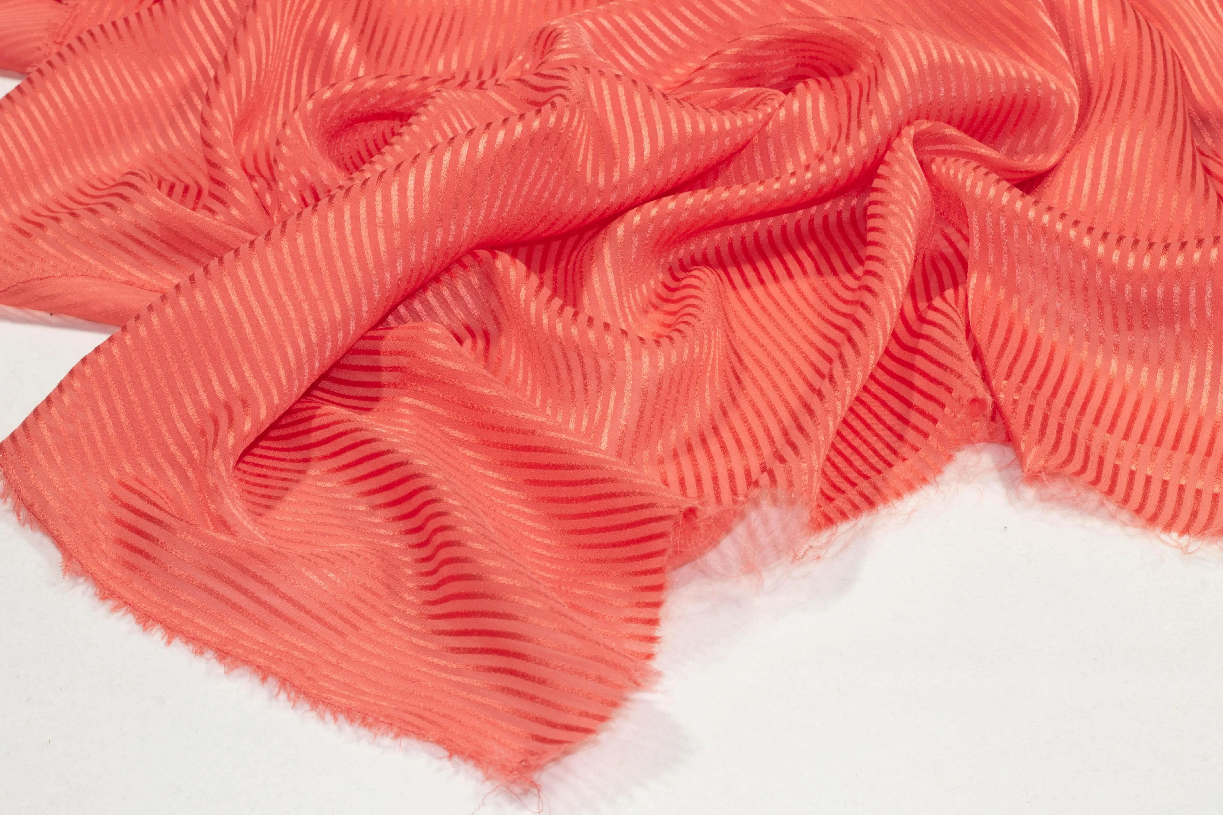 Coral Pink Striped Italian Silk Chiffon Burnout