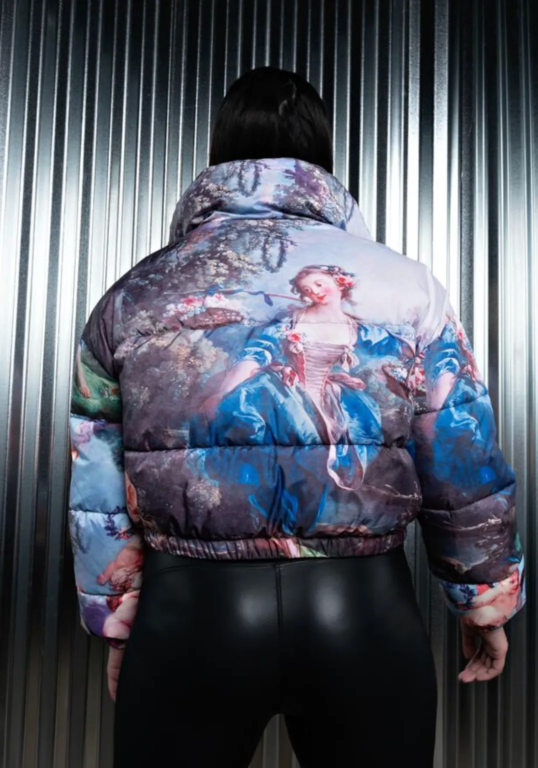 Cropped Puff Jacket with Renaissance Artwork PLUS SIZE