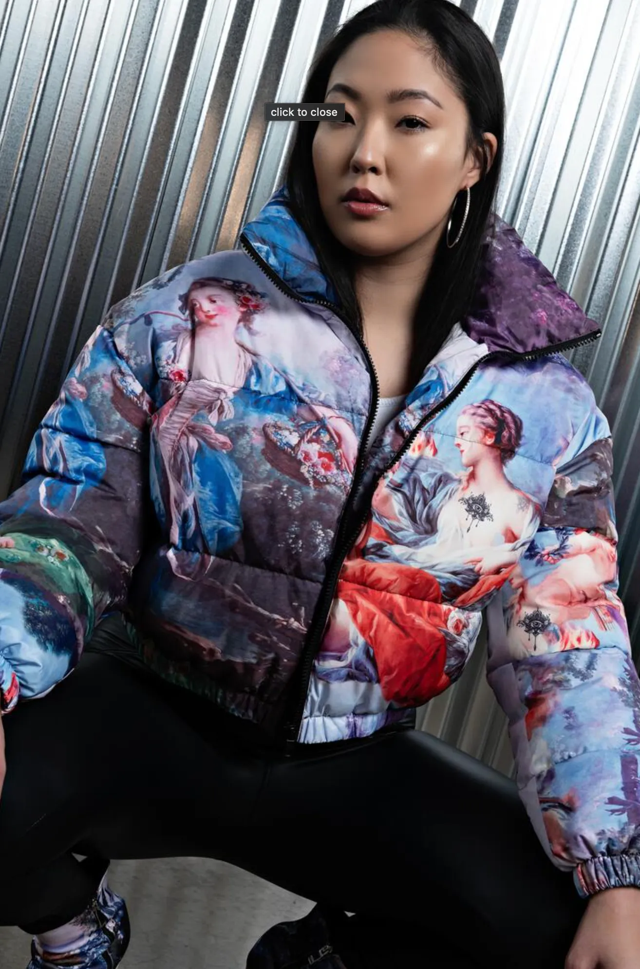 Cropped Puff Jacket with Renaissance Artwork PLUS SIZE