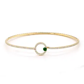 DAINTY YELLOW GOLD BANGLE BRACELET WITH EMERALD AND DIAMONDS, .65 CT TW