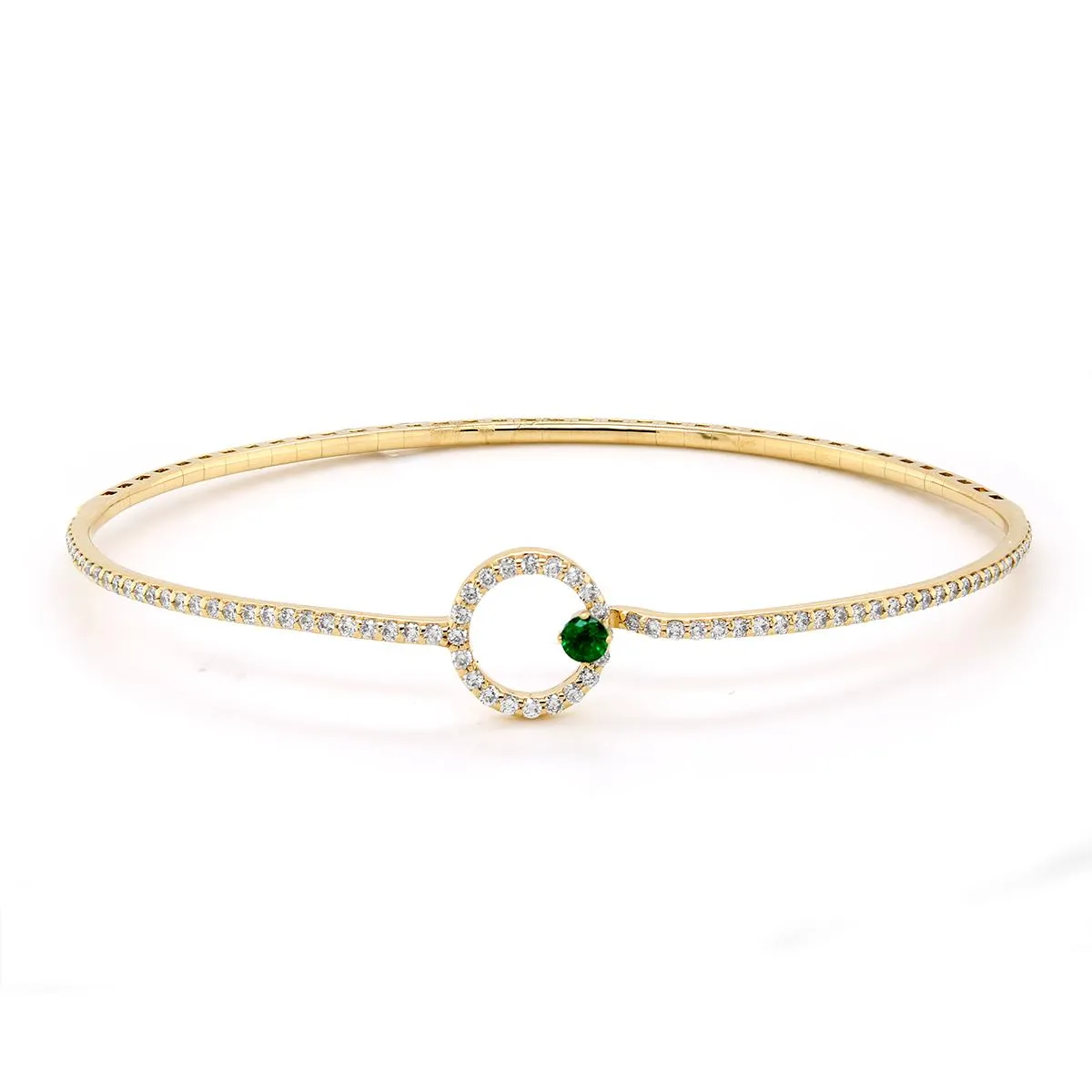 DAINTY YELLOW GOLD BANGLE BRACELET WITH EMERALD AND DIAMONDS, .65 CT TW