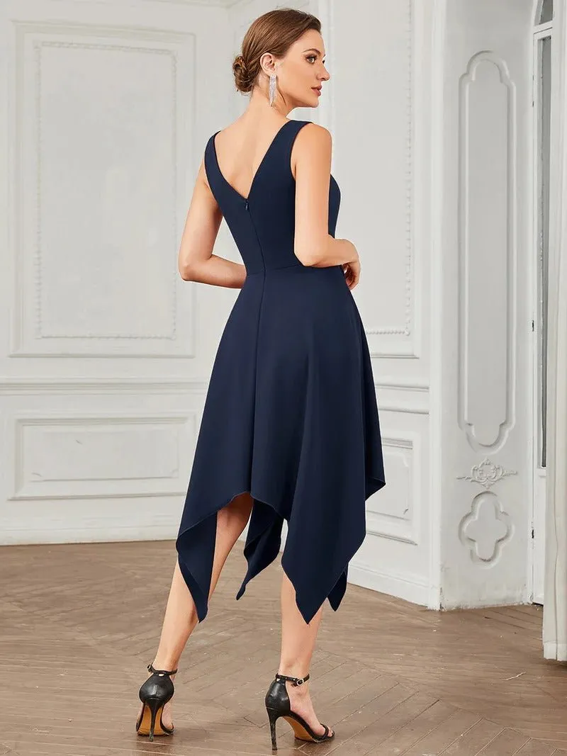 Deep V Neck Sleeveless Evening Dresses with Asymmetrical Hem