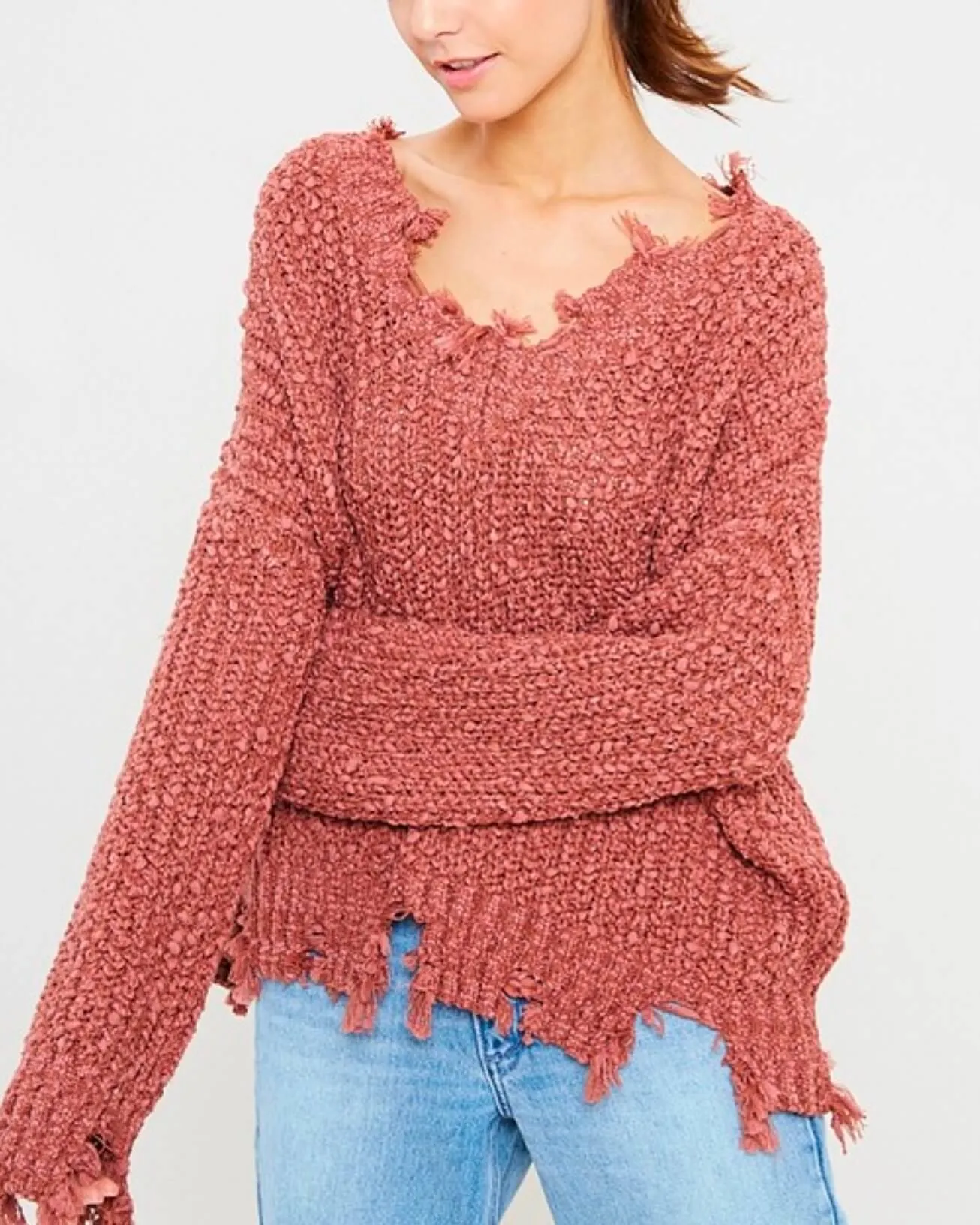 Distressed Hem Popcorn Yarn Knit V-Neck Sweater - Brick