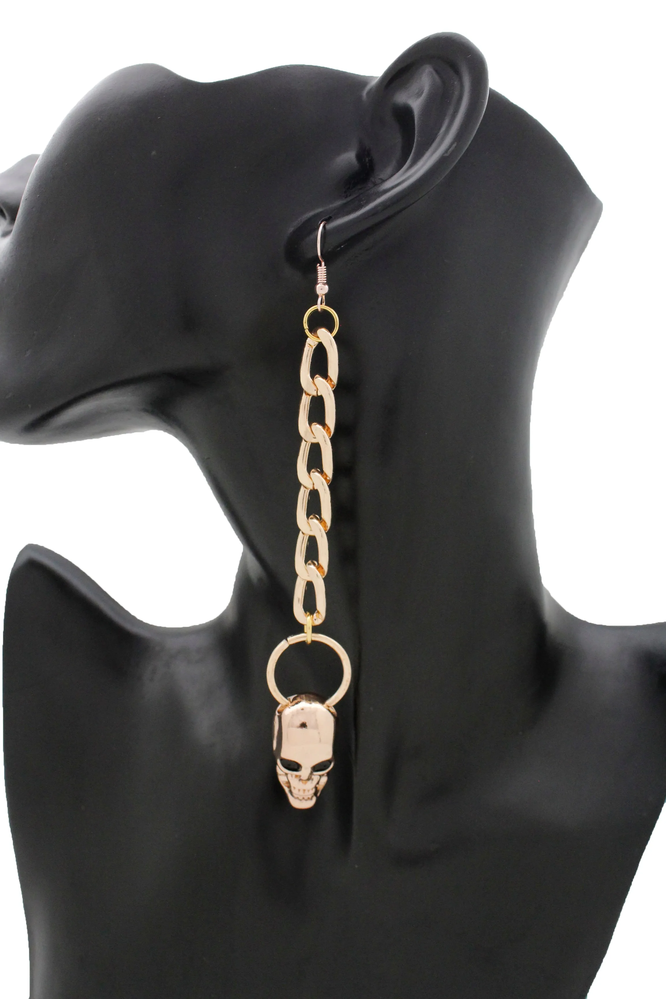 Earring Set Gold Metal Chain Links Hook Skeleton Skull Charm Rocker Gothic