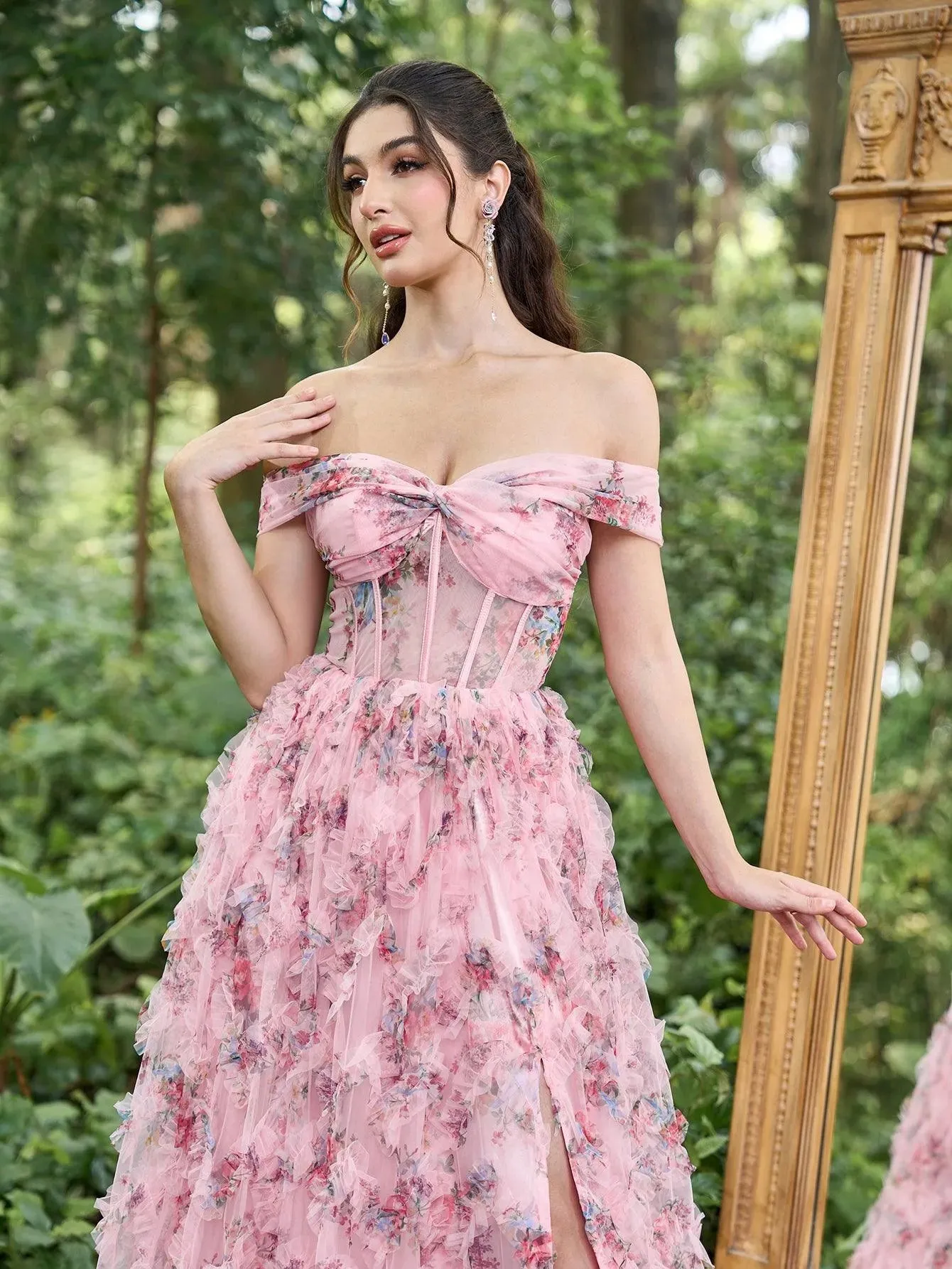 Elegant Off Shoulder Cascading Ruffle Floral Tulle Split Prom Dress