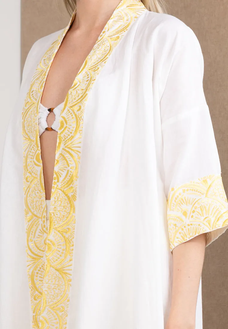 Embroidered Linen Kimono White