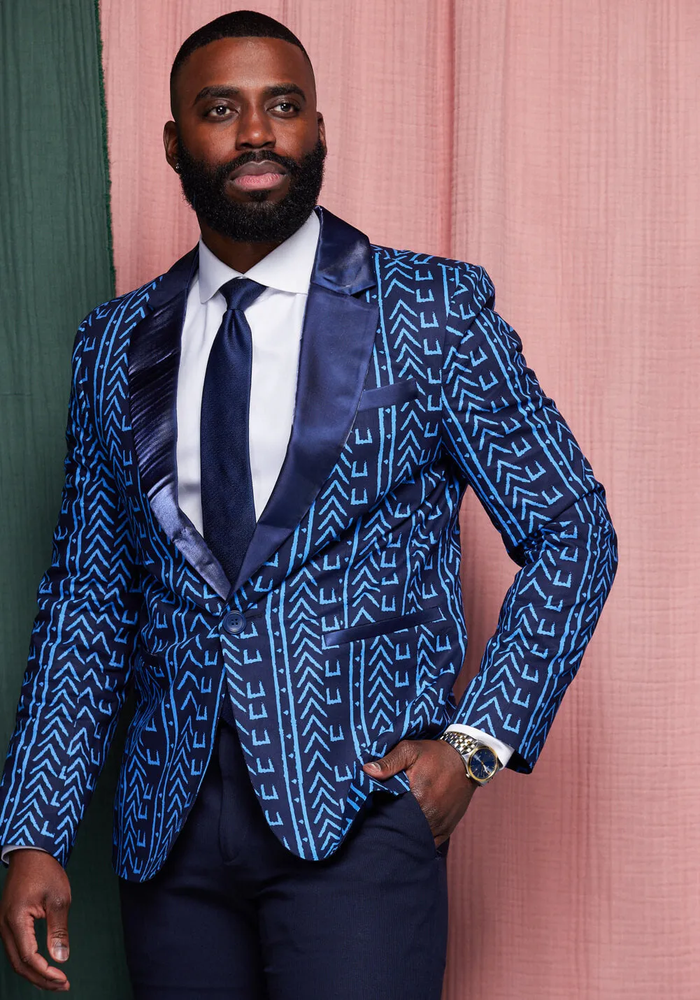 Enofe Men's African Print Blazer (Blue Navy Mudcloth)