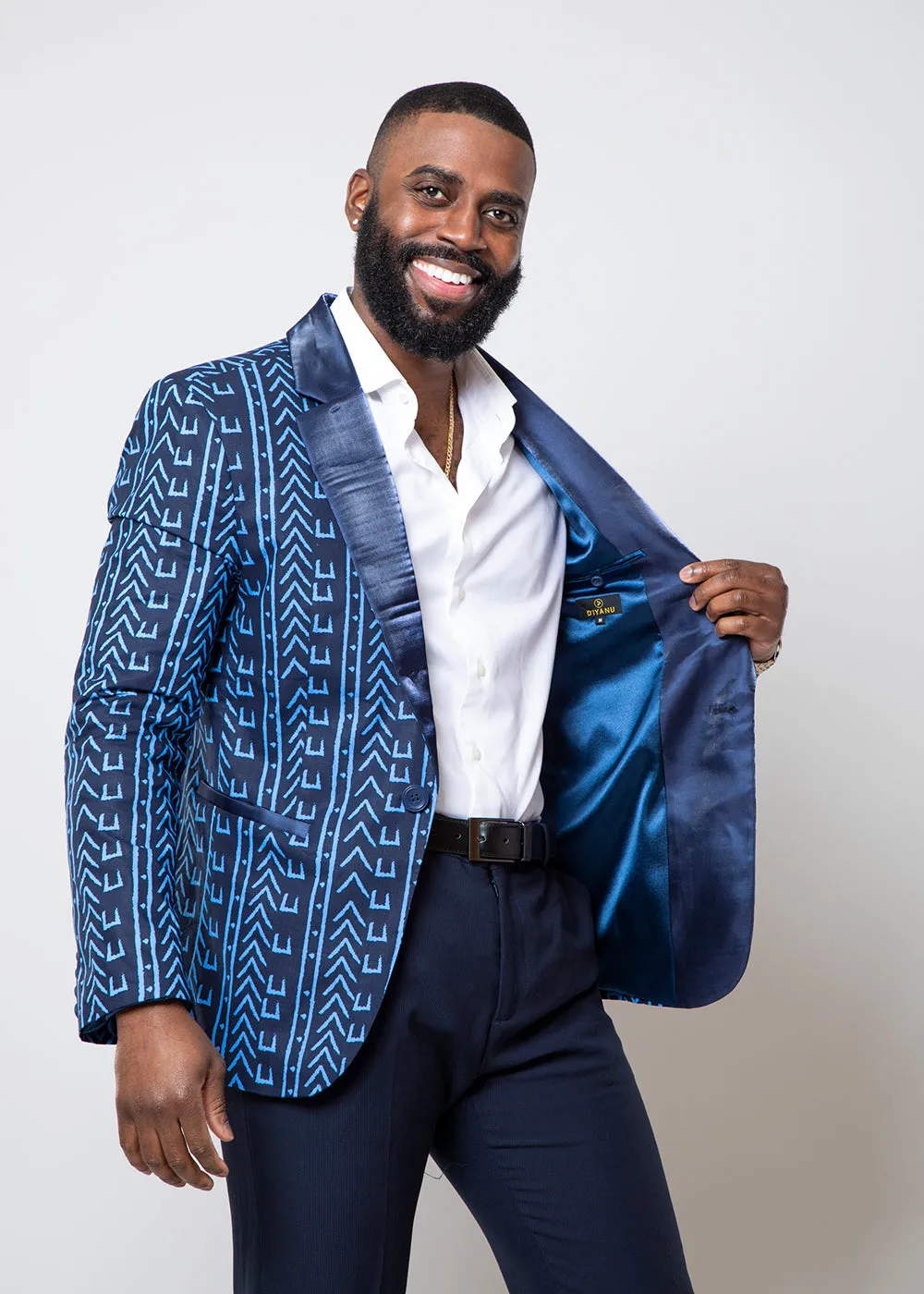 Enofe Men's African Print Blazer (Blue Navy Mudcloth)