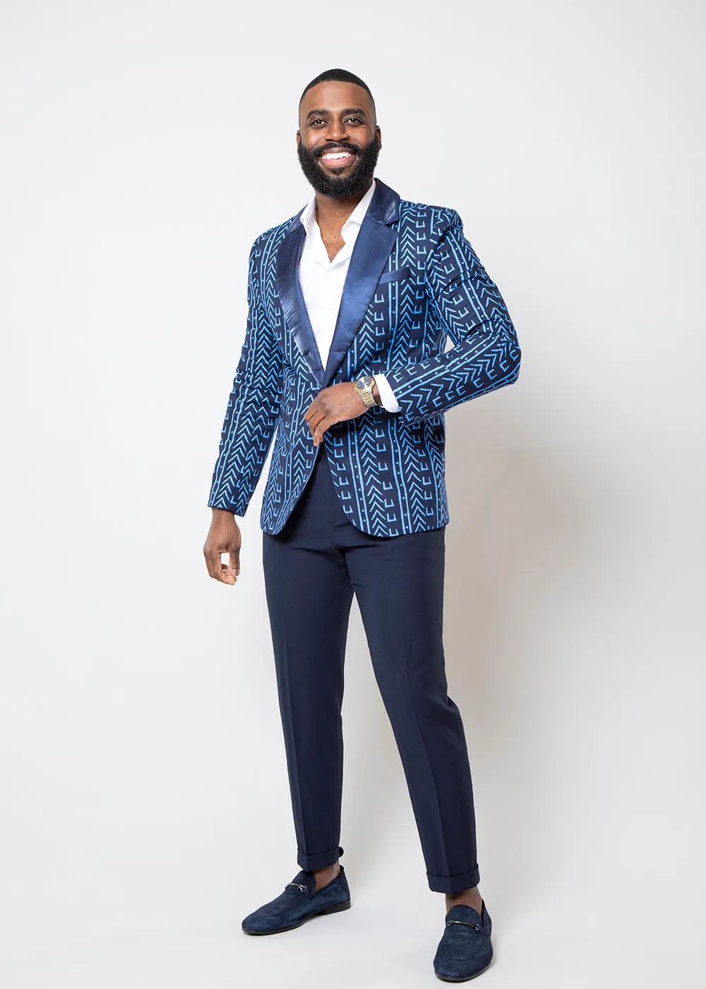 Enofe Men's African Print Blazer (Blue Navy Mudcloth)