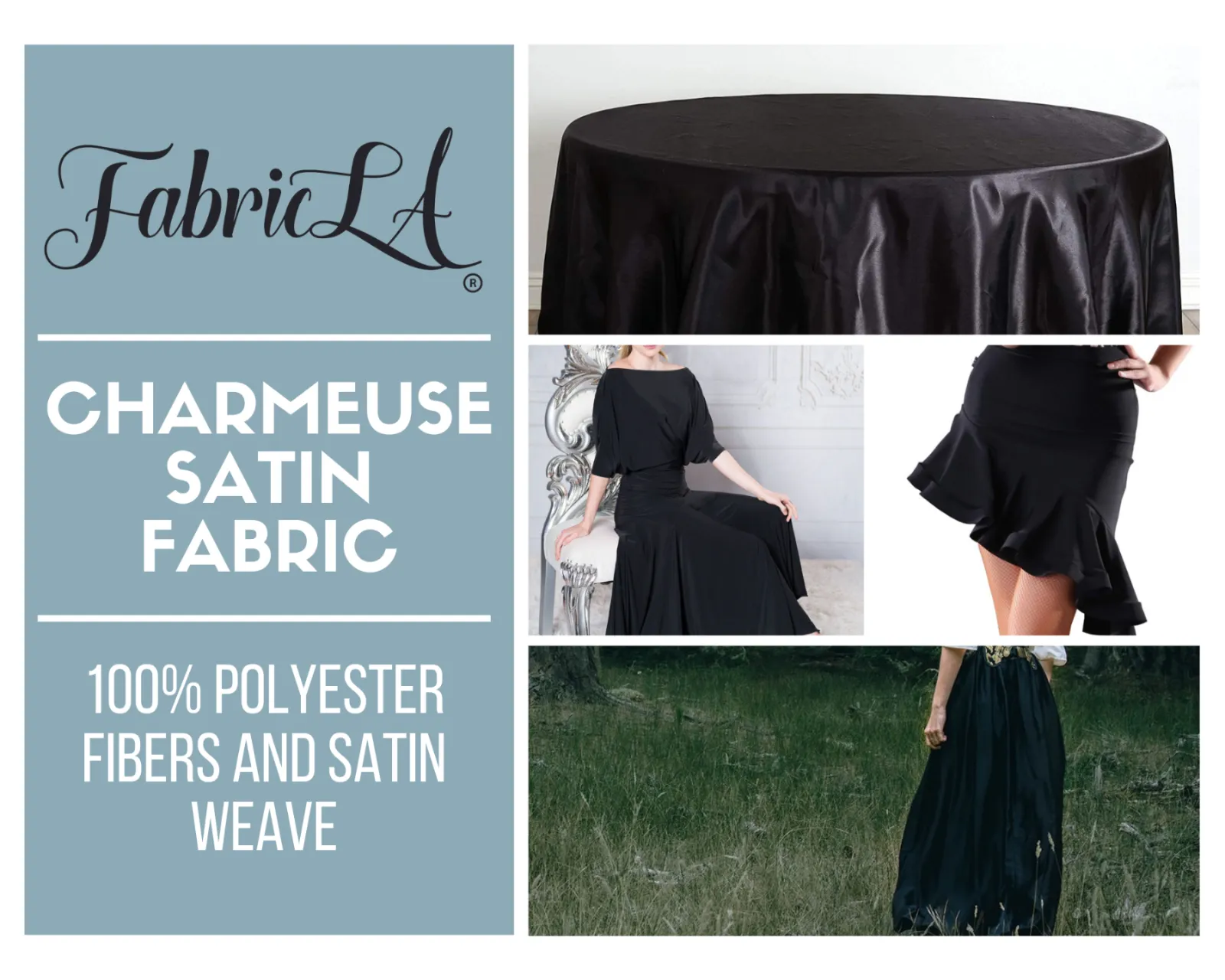 FabricLA Charmeuse Satin Fabric by The Yards - 58/60" Inches (150 cm) Wide Satin Silky Fabric | Black