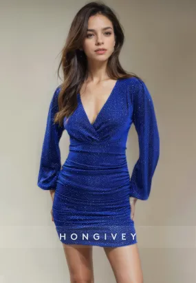 Fitted Long Sleeve V-Neck Short Party Homecoming Dress