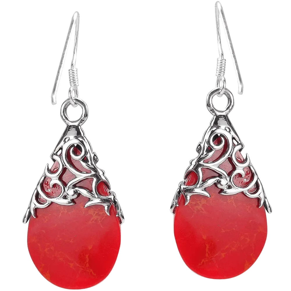 Floral Vine Ornate Teardrop Natural Shell .925 Silver Earrings