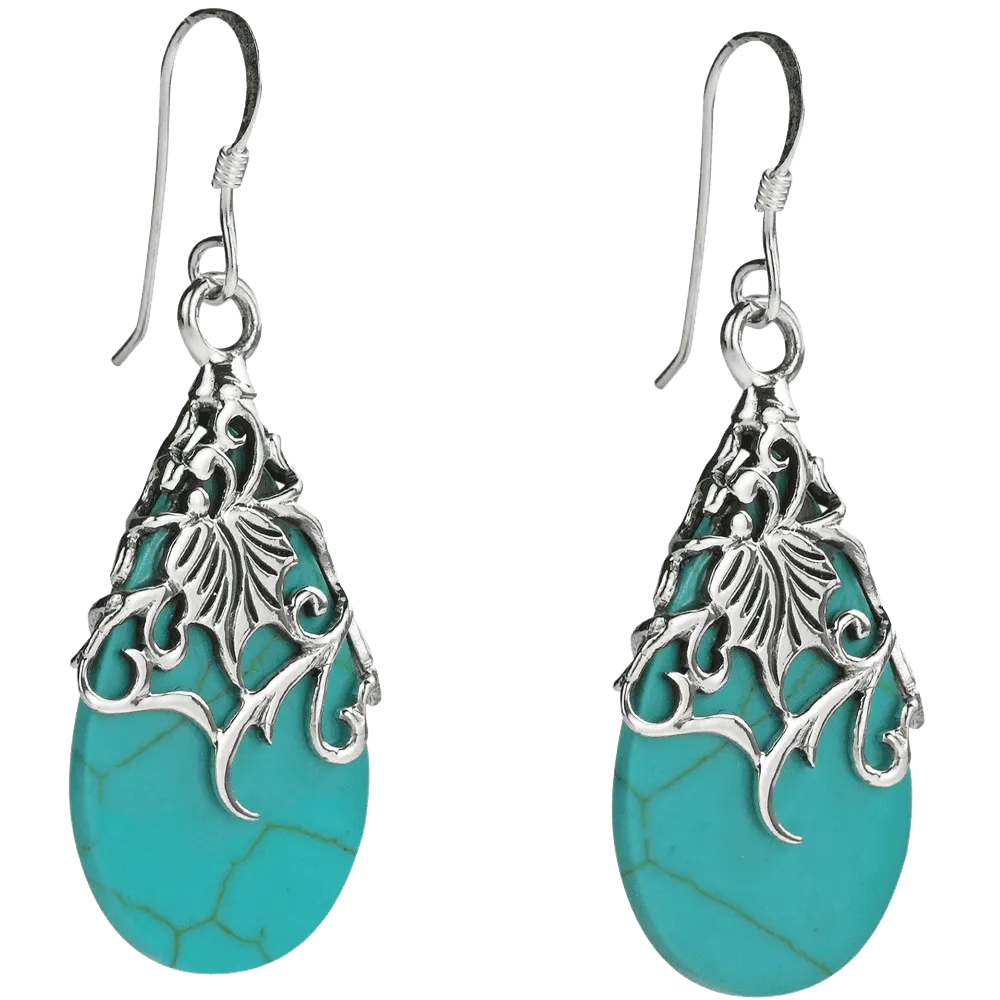 Floral Vine Ornate Teardrop Natural Shell .925 Silver Earrings