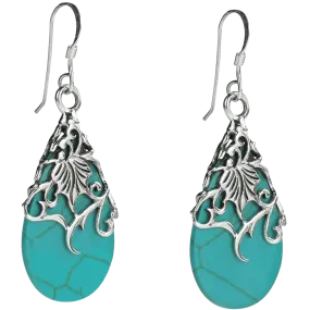 Floral Vine Ornate Teardrop Natural Shell .925 Silver Earrings