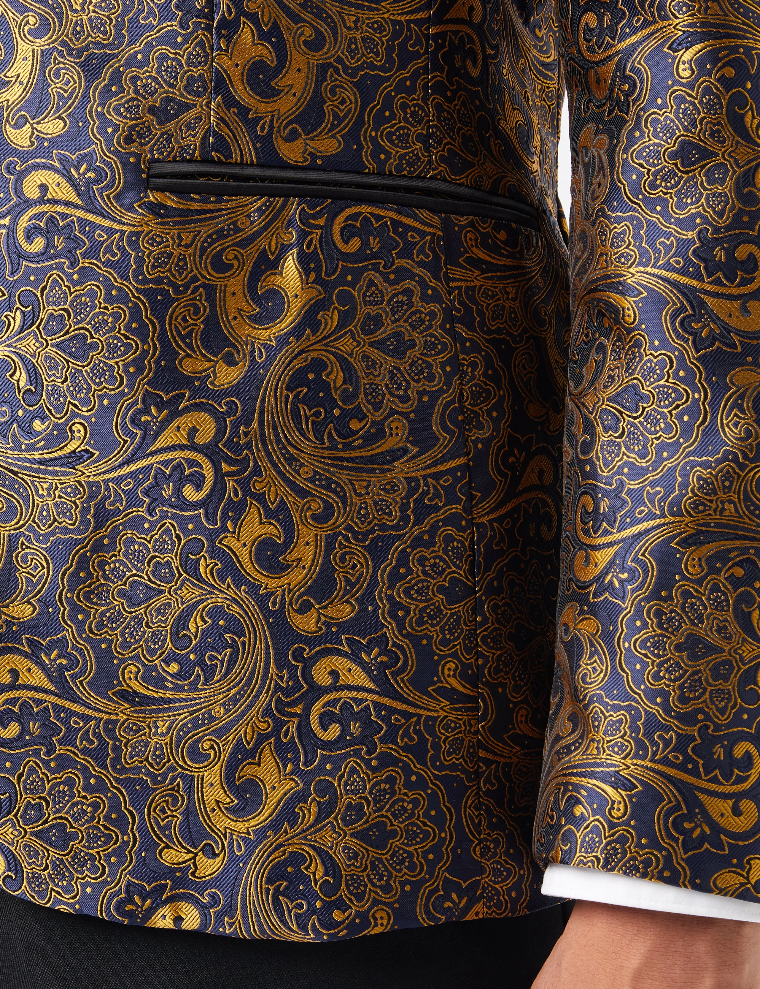 Gold Paisley Print on Navy Tuxedo Jacket