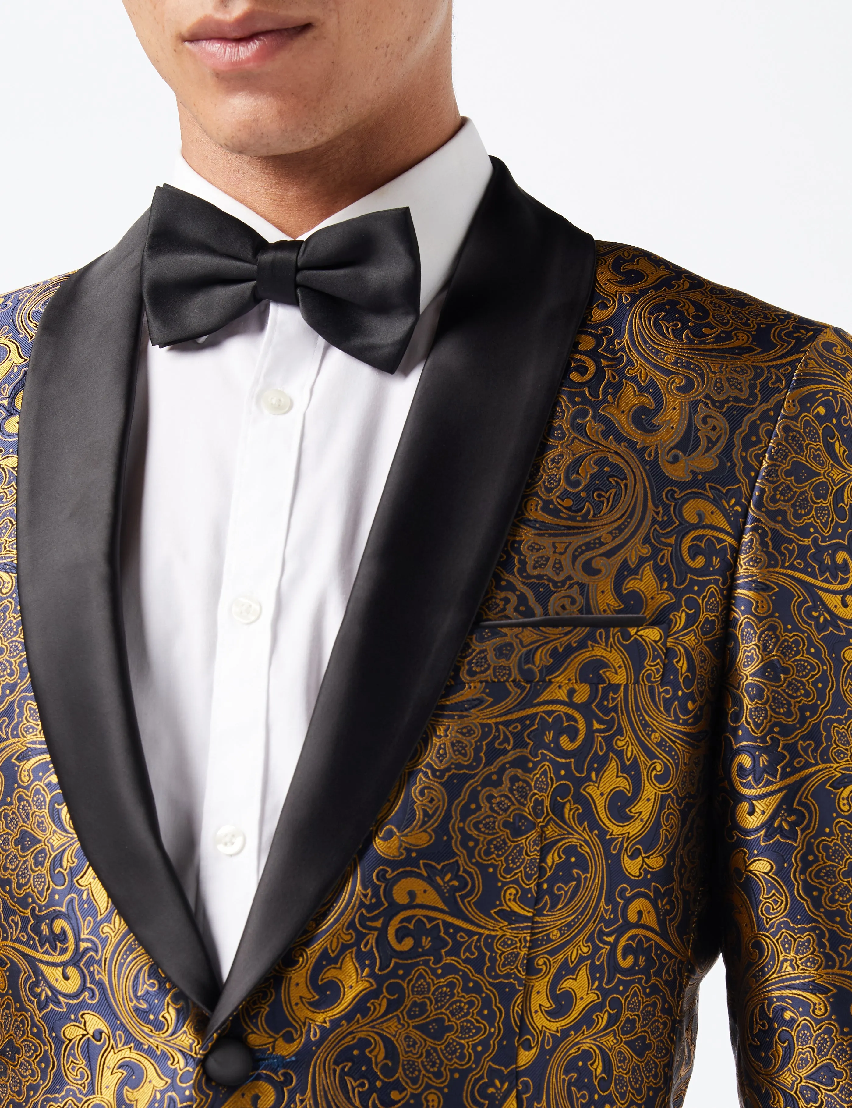 Gold Paisley Print on Navy Tuxedo Jacket