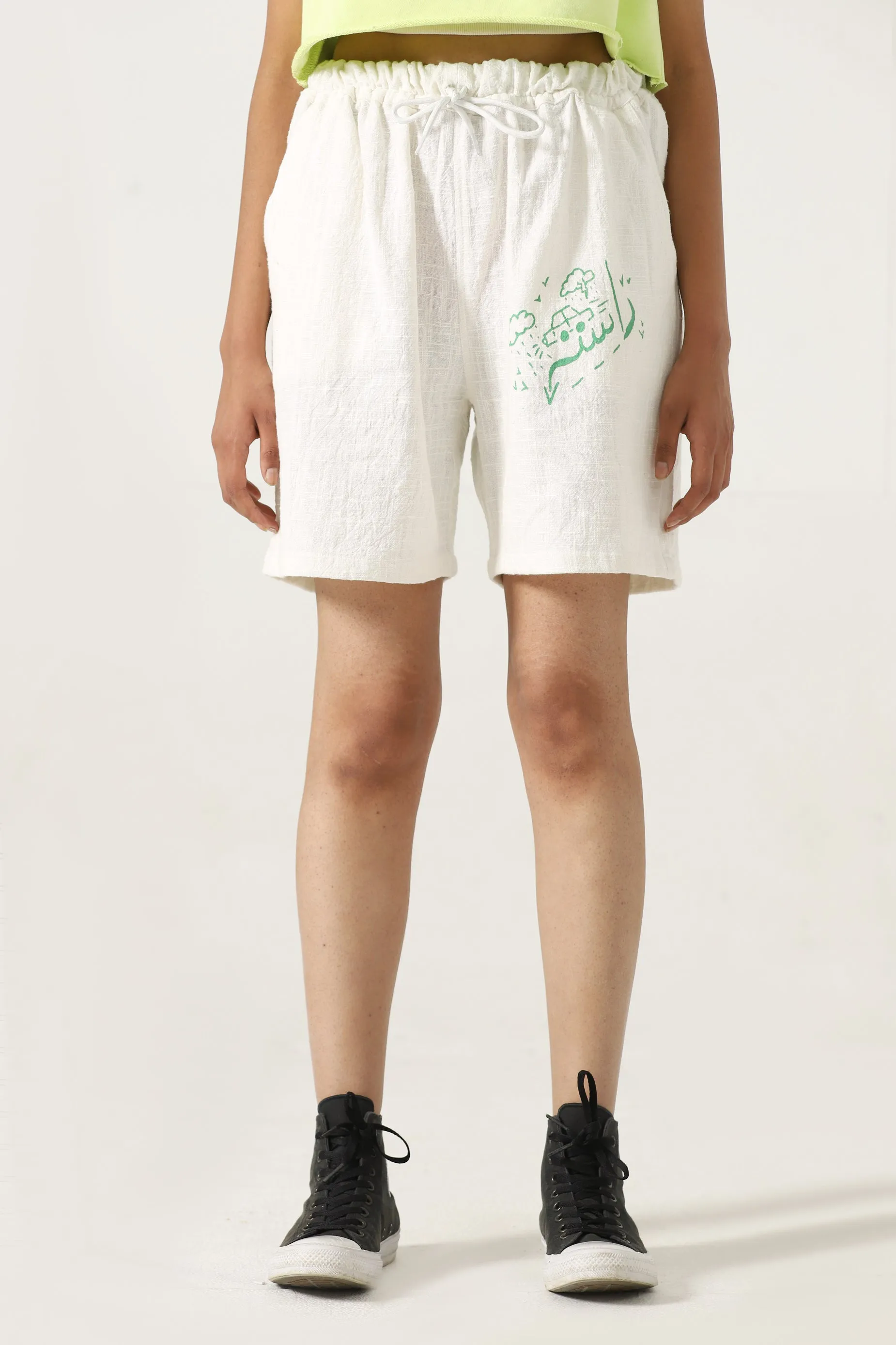 hand woven green logo shorts