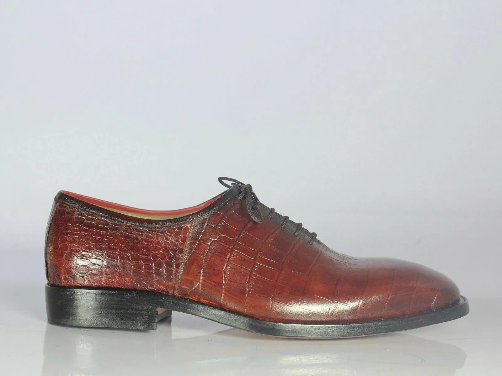 Handmade Men's Burgundy Alligator texture Whole Cut Shoes, Men Designer Shoes