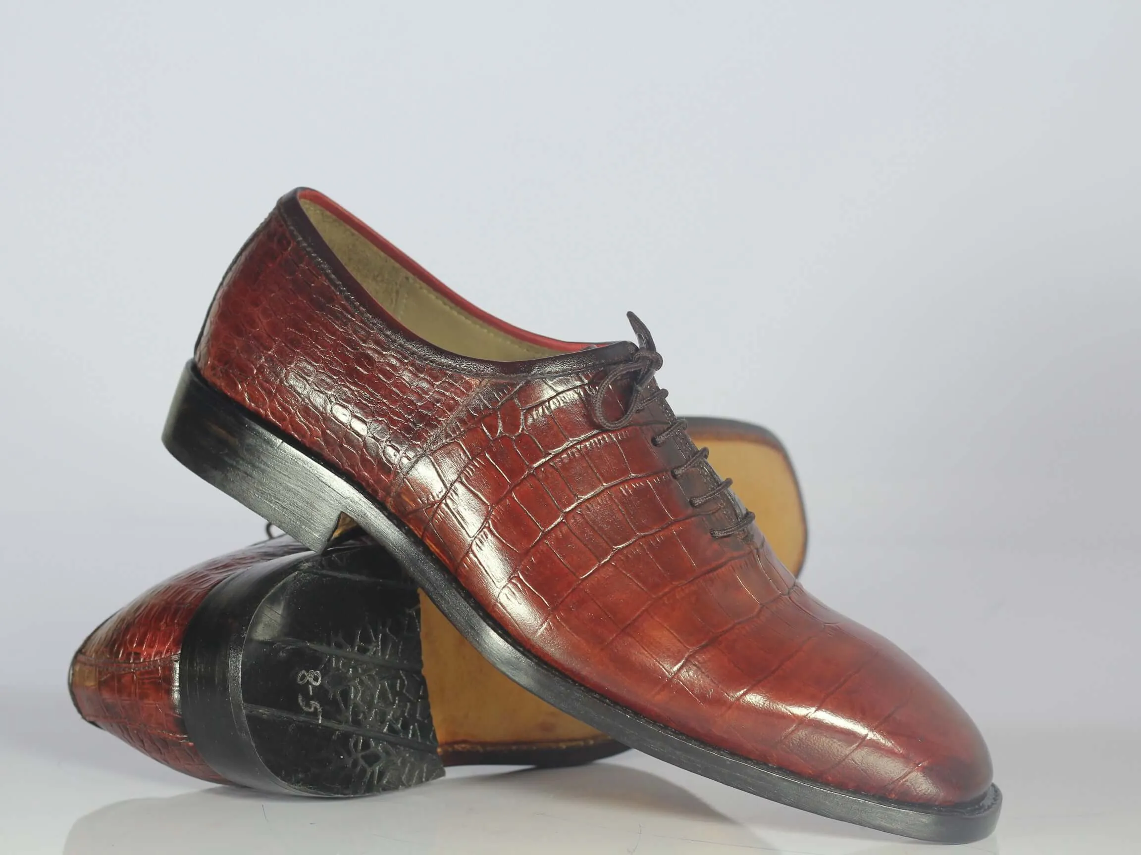 Handmade Men's Burgundy Alligator texture Whole Cut Shoes, Men Designer Shoes