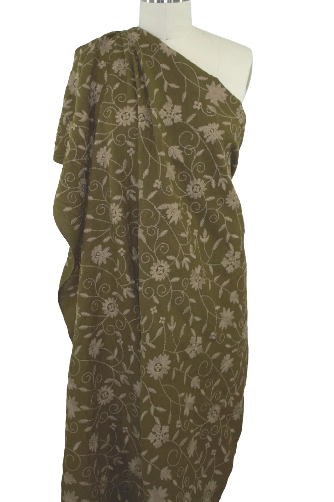 Haute Couture Floral Embroidered Wool - Olive Tones