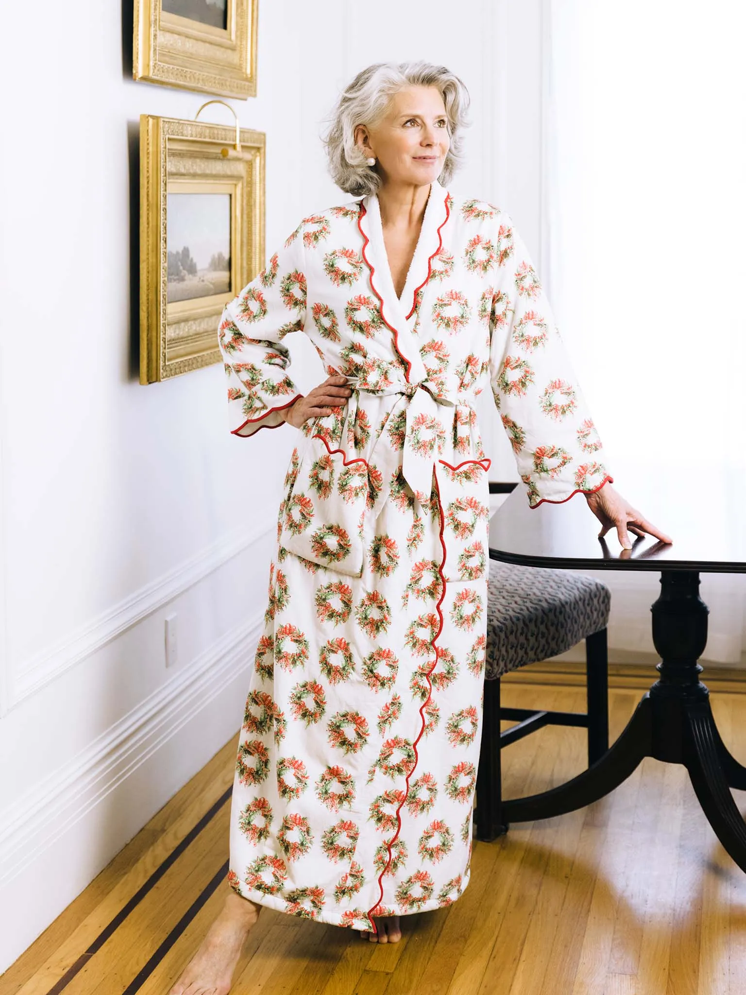 Holiday Wreath Print Fleece Lined Classic Robe