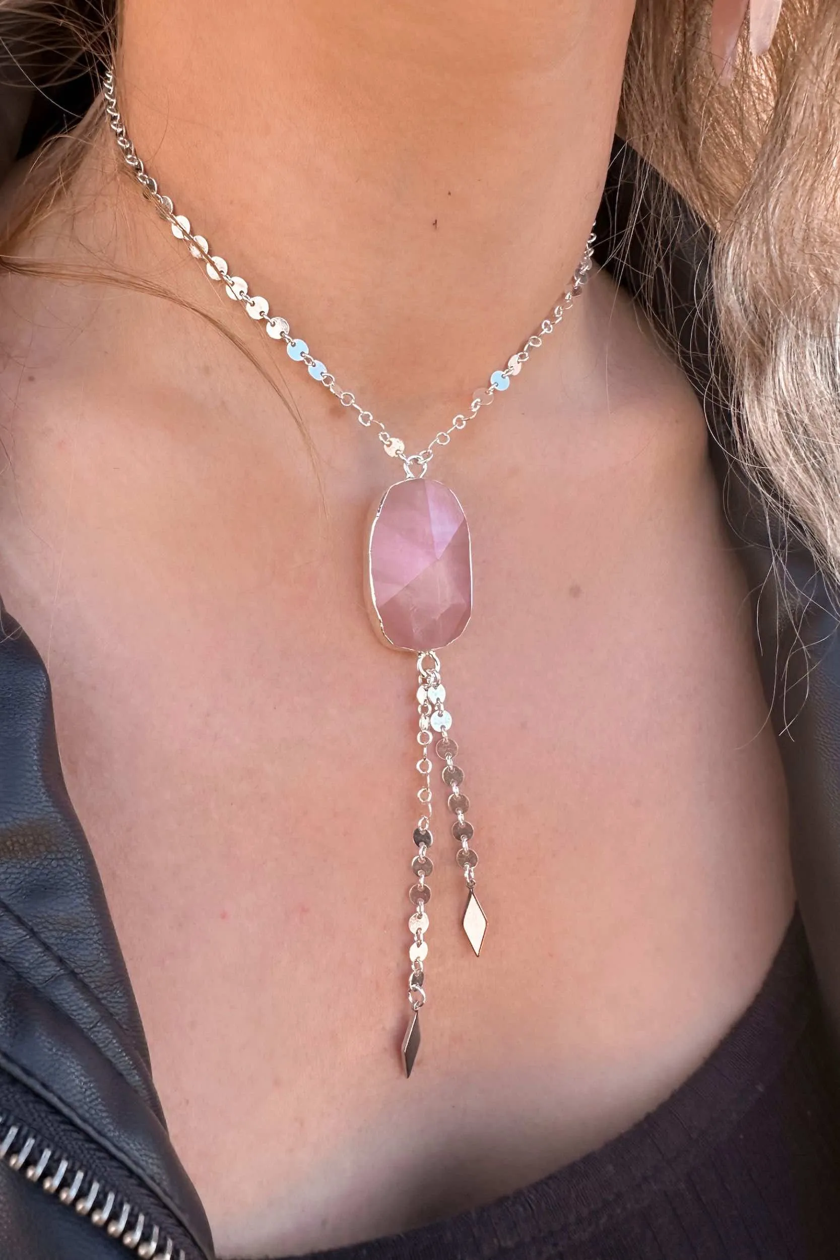 I Protect My Heart Rose Quartz Silver Lariat Necklace